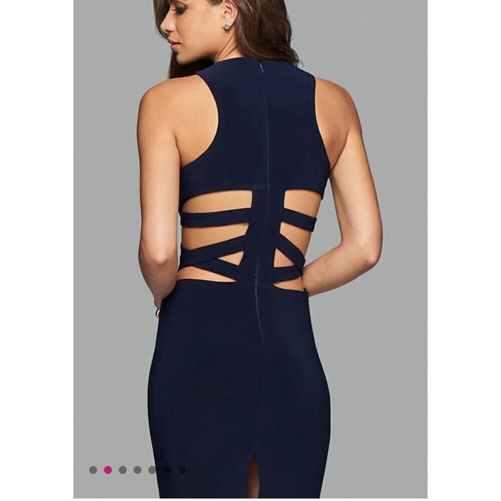 Faviana Short Sleeveless Dress with Side and Back Cut-Outs Color Navy Blue Size - Picture 4 of 5